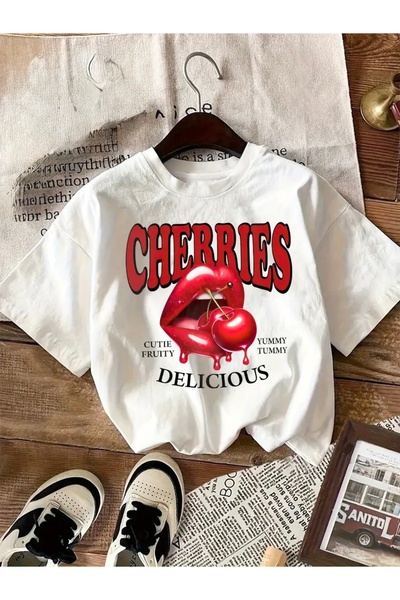 FUFLUNS تي شيرت برقبة دائرية للجنسين مطبوع عليه الكرز