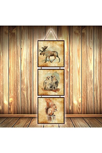 hazalshop Poster din lemn retro triplu cu design cu animale U510