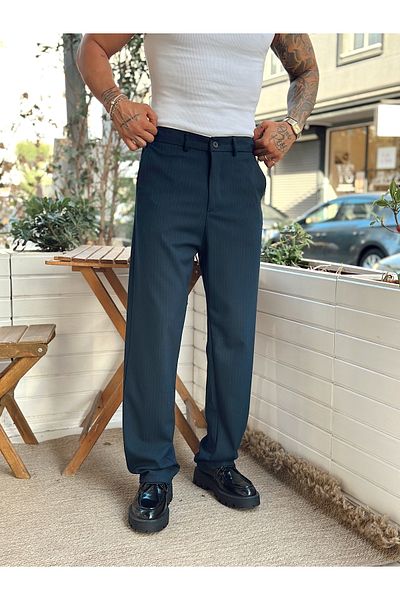manch collection Striped Baggy Fabric Trousers Navy Blue