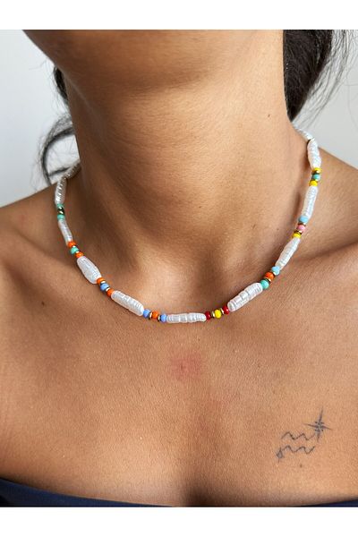 dela otantik White Beaded Bohemian Necklace – Handmade Colorful Detailed Summer Jewelry – Authentic Entik Bijoux Necklace