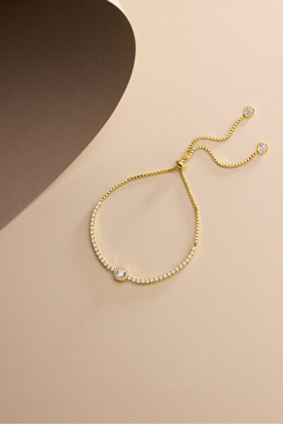 Nereze 925 Ayar Gümüş Gold Kaplama Ayarlanabilir Asansörlü Su Yolu Tektaş Elmas Montür Bileklik