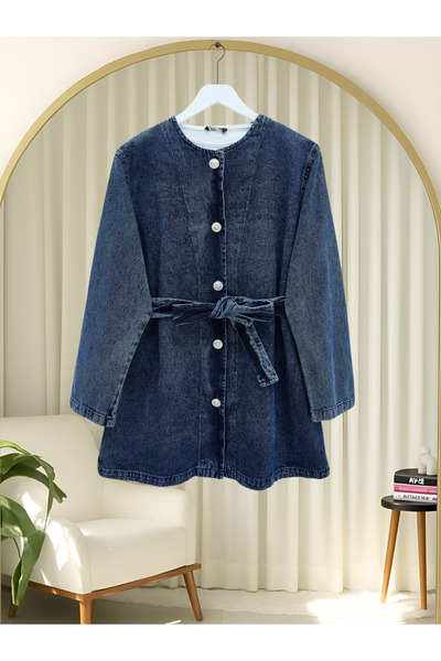 Modamorfo Belted Buttoned Round Neck Denim Jacket - Navy