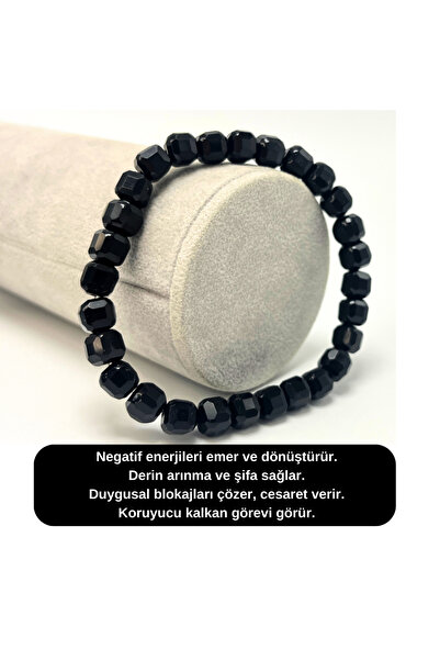 YILDIZ DOĞAL TAŞ SERTİFİKALI Obsidyen Küp Kesim Lastikli Doğal Taş Bileklik 6mm