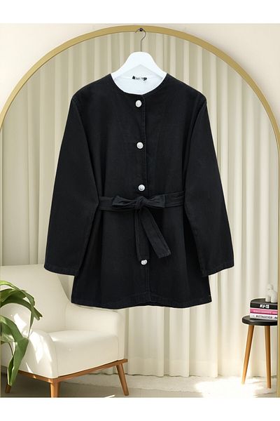 Modamorfo Belted Buttoned Round Neck Denim Jacket -Black