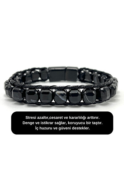 YILDIZ DOĞAL TAŞ SERTİFİKALI Siyah Göz Akik Küp Kesim Kilitli Doğal Taş Bileklik 8 mm