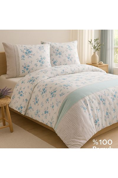 Evimcim 100% Cotton Ranforce Single Blue Floral Patterned Duvet Cover Set (Gift Boxed)