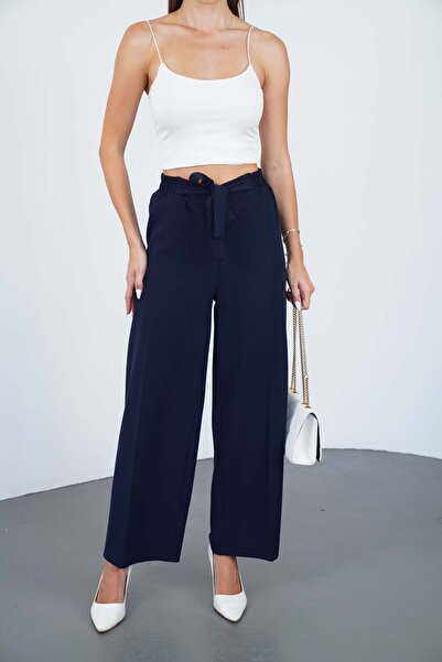 makarimato Modern Wide Leg Women's Double Fabric Trousers with Belt