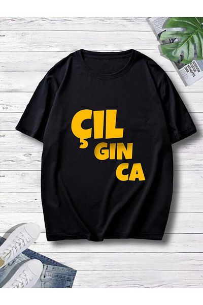 ELNOYA Unisex Black Oversize "Çıl Gın Ca" Printed Crew Neck Comfortable T-Shirt