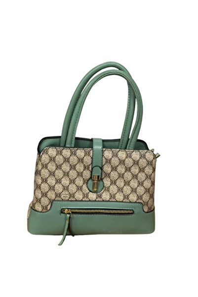 IQTENA Elegant Women’s Handbag – Green & Beige Canvas with Leather Accents, Classic Design