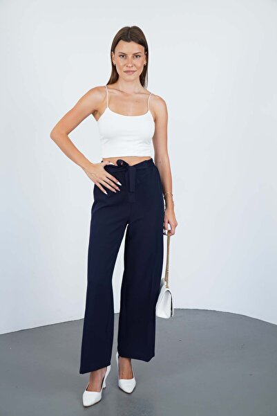 makarimato Modern Wide Leg Women's Double Fabric Trousers with Belt