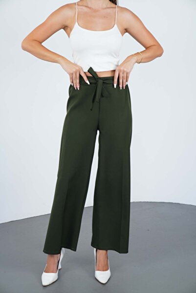 makarimato Kuşaklı Modern Bol Paça Kadın Double Kumaş Pantolon