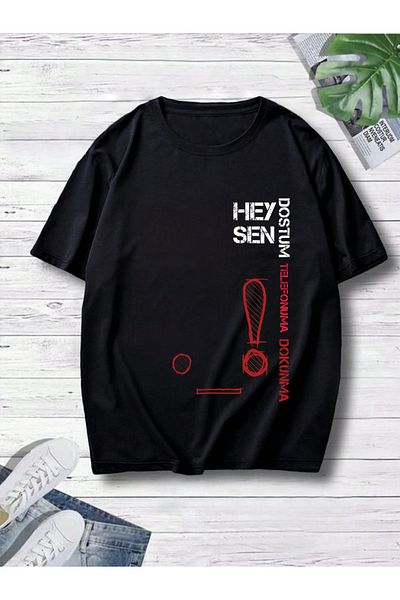 ELNOYA Unisex Cotton Black Oversize "Hey You Dude" Printed Crew Neck Comfortable T-Shirt