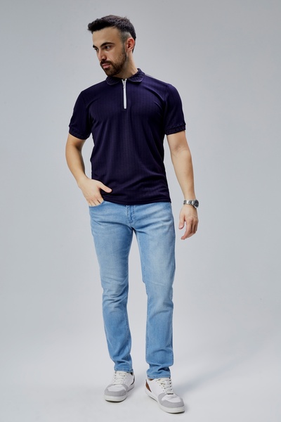 Yakalı Çizgili Fermuarlı Erkek T-shirt