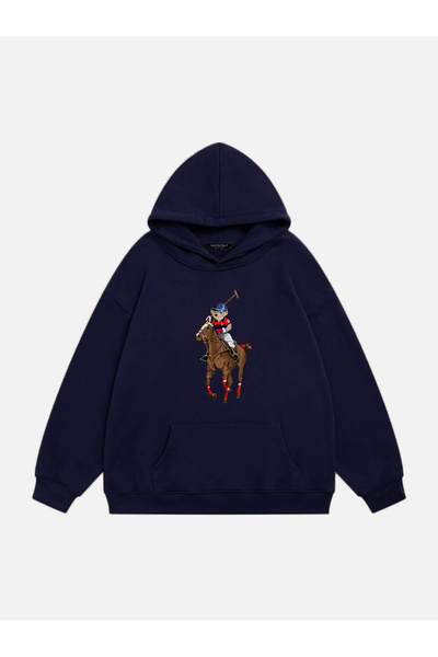 Mad&Calf Unisex Teddy Cowboy Printed Hooded Fleece Oversize Sweatshirt