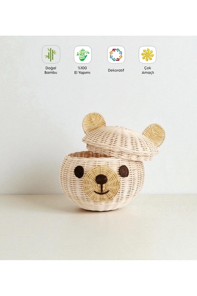 Felis Arte Natural Bamboo Handmade Teddy Bear Basket, Storage Box, with Lid, (Rattan Bear Basket)