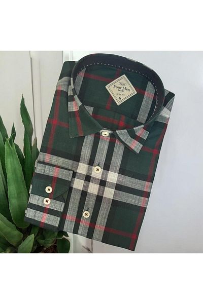 GÖMLEK GALERİSİ Slim Fit Cut Plaid Linen Long Sleeve Men's Shirt