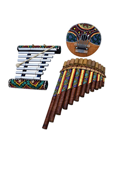 Wolawood El Yapımı 3'lü Set Doğal Bambu Pan Flüt, Ksilofon, Coconat Kalimba A...