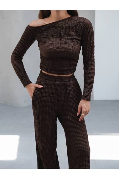 Butik Beyza One Shoulder Buble Knitted Fabric Double Suit