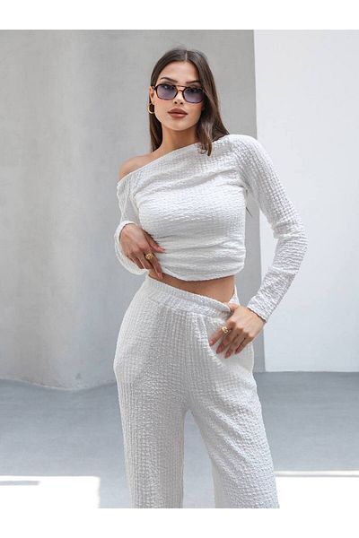 Butik Beyza One Shoulder Buble Knitted Fabric Double Suit