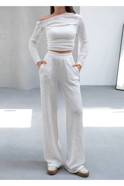Butik Beyza One Shoulder Buble Knitted Fabric Double Suit