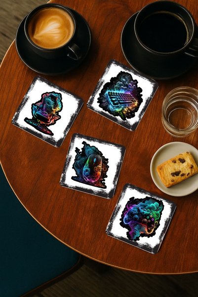 Nod Gaming Designed Coasters Set of 10, with Pictures of Gamer Mouse, Keyboard, Monitor, Joystick & Chair