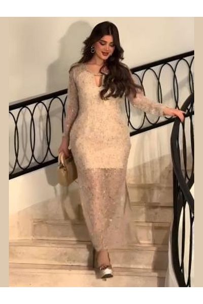 Nice Model Elegant Sequin Long Sleeve Evening Dress Beige Bodycon Formal Gown Party Dress Women Modest