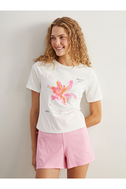 LC Waikiki Pink Crew Neck Printed Women's Shorts Pajama Set