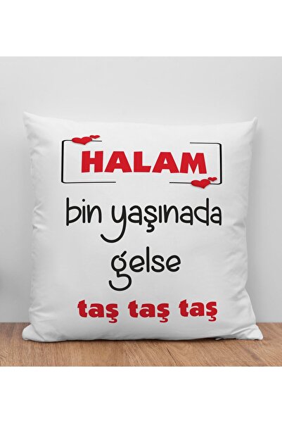 Bk Gift Halam Bin Yaşınada Gelse Taş Tasarımlı Beyaz Kırlent Yastık, Ev Hediy...