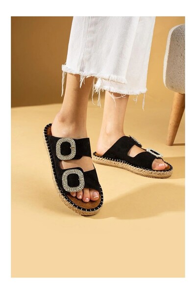 Zerenyus Hertas Premium Women's Black Suede Crystal Double Buckle Poly Comfortable Straw Sole Slippers