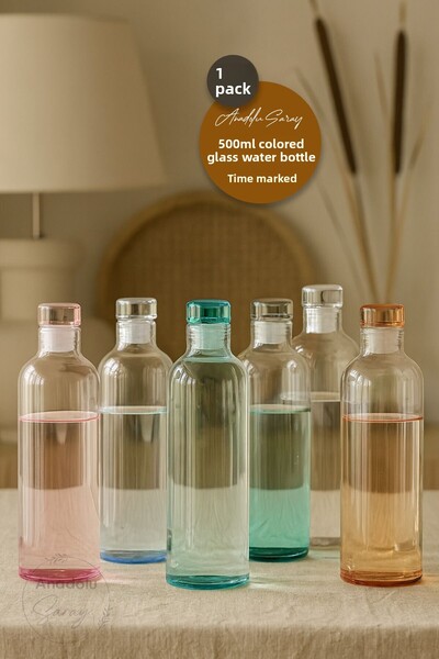 Anadolu Saray 500ml Colorful Glass Water Bottle – Time Marked Leakproof Lid Bpa Free Portable and Durable