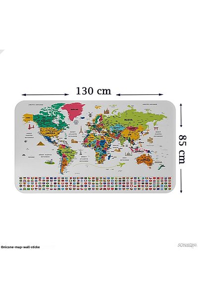 SONİKON LİNE Educational Capital Detailed World Map Wall Sticker with Turkish Country Flags, Decorative, 3841