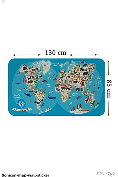SONİKON LİNE Educational World Map World Atlas Kids Room Wall Sticker, Decorative, 3806