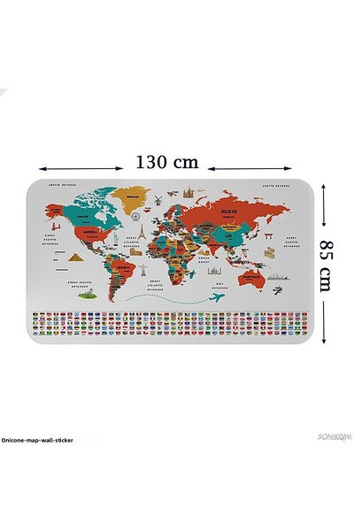 SONİKON LİNE Educational Capital Detailed World Map Wall Sticker with Turkish Country Flags, Decorative, 3858