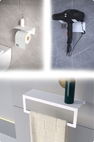 alfams by fmsa مجموعة معدنية مكونة من 3 قطع |   حامل ورق التواليت + حامل المناشف + حامل مجفف الشعر – حديث ويدوم طويلاً