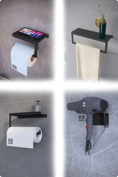 alfams by fmsa Metal Set of 4 |   Toilet Paper Holder + Towel Rack + Paper Towel Holder Kitchen/Bathroom + Blow Dryer Holder
