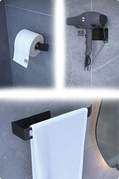 alfams by fmsa Metal Set of 3 |   Toilet Paper Holder + Towel Rack + Blow Dryer Holder – Modern, Long Lasting