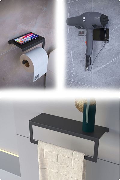alfams by fmsa Metal Set of 3 |   Toilet Paper Holder + Towel Rack + Blow Dryer Holder – Modern, Long Lasting