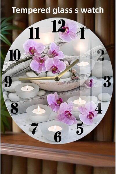 kutuTR Orchid & Candle Patterned 3D Look Tempered Glass Clock – 33 cm Csdw388