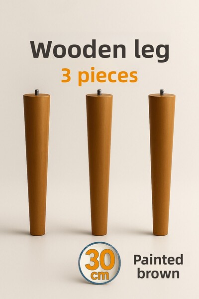 Badem10 30 cm 3-Piece (with Connection Apparatus) Brown Painted Natural Wooden Cylinder Coffee Table Pouf Table Leg Feet