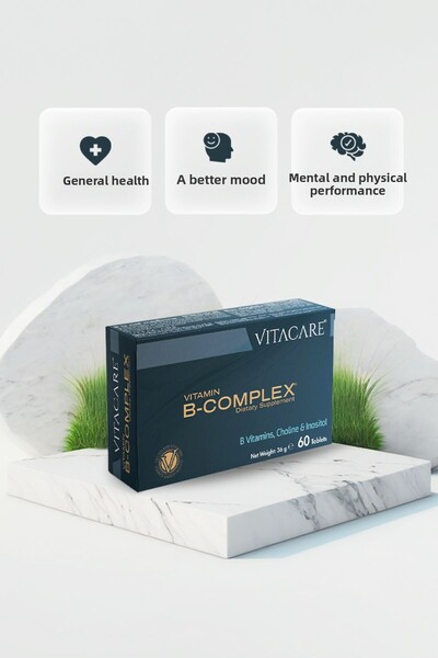 Vitacare B-Complex Vitamin 60 Tablets - B1, B2, B3, B5, B6, B12, Folic Acid, Biotin, Choline, Inositol