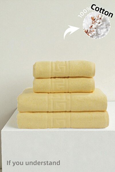 Anılsan Set de 4 prosoape griechi galbene 100% bumbac - 2 prosoape de mână 50x90 și 2 prosoape de baie 70x140