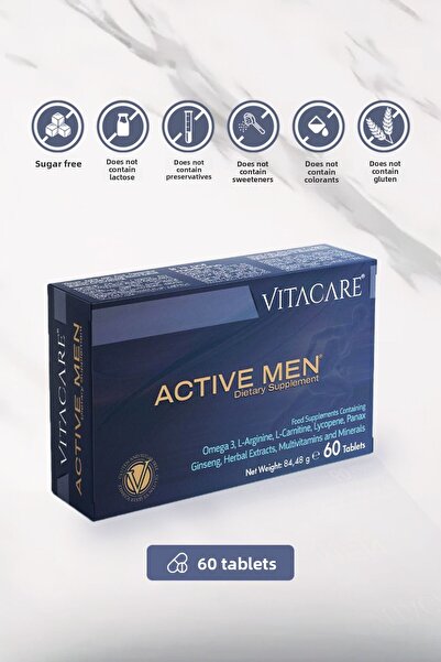 Vitacare فيتاكير أكتيف للرجال – مكمل غذائي خاص للرجال يحتوي على الفيتامينات والمعادن ومستخلصات الأعشاب 60 قرصًا