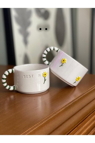 DDHANDMADE 2-Piece Handmade Ceramic Tea Coffee Cup Turkish Coffee Cup Mug Best Mom Daisy Teacher's Day