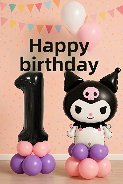 PARTİAVM Kuromi 1St Birthday Balloon Set with Figure Black Number Pink Purple...