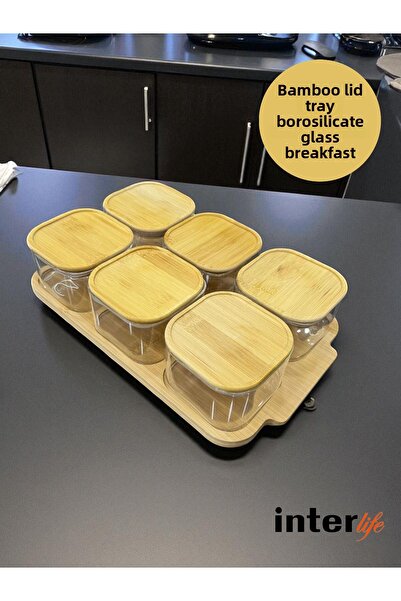 İnterlife Glass Breakfast Set with 6 Bowls and Bamboo Trays, Breakfast Set with Bamboo Vacuum Lid, Durable