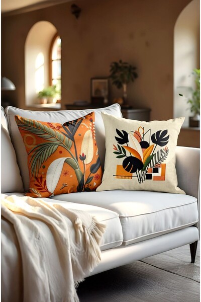 CANİLA غطاء وسادة مطبوع رقميًا بنمط أوراق التطريز البرتقالي. مجموعة مزدوجة ال...