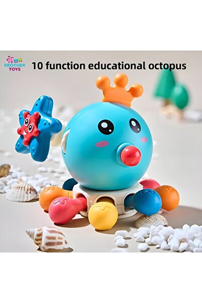 Brother Toys Cute Octopus Baby Toy with 10 Functional Montessori Teethers, Blue Color