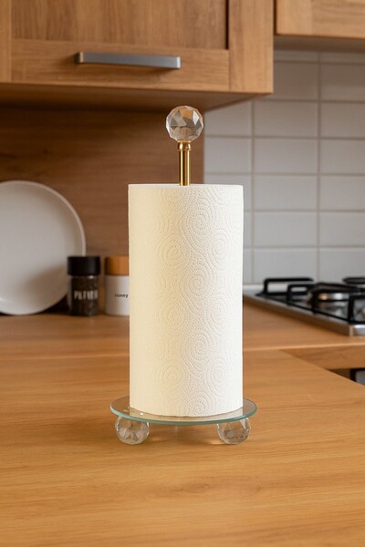 MİS KİTCHEN Crystal Ball Gold Metal Round Napkin Holder Glass Based Napkin Holder Paper Roll Towel Holder