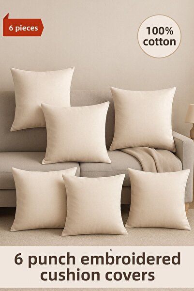 ÇIQRIK HOME طقم غطاء وسادة مطرز بسحاب طبيعي مكون من 6 قطع - مناسب للتطريز باللون: بيج
