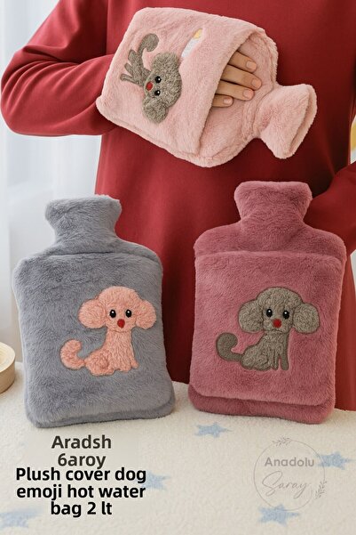Anadolu Saray Plush Covered Dog Patterned Hot Water Bag 2 Lt with Pocket Hand Warmer & Hot Water Bottle